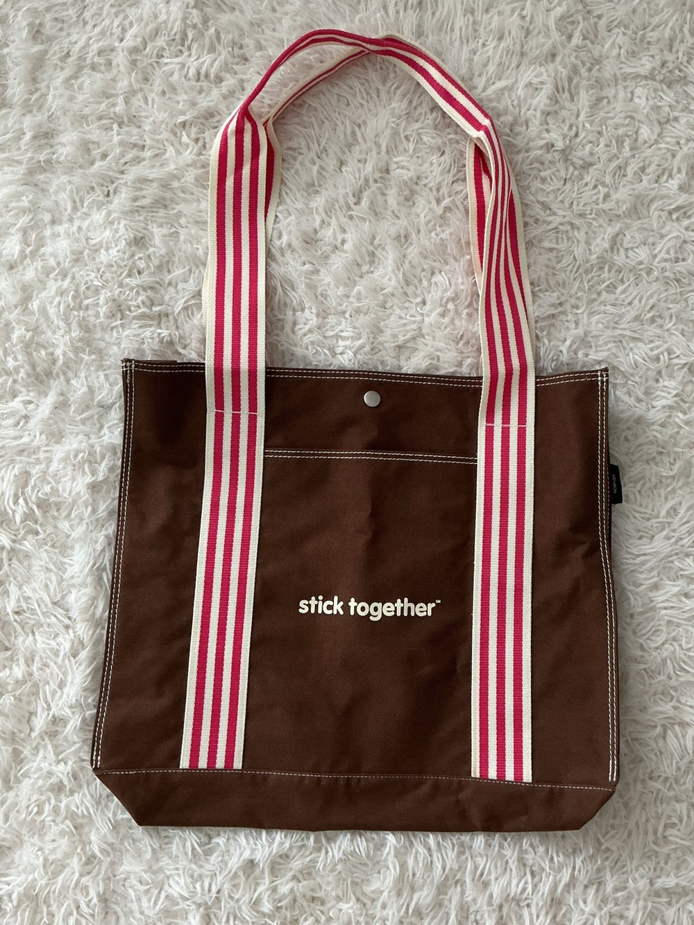 Brown Canvas Tote Bag with Pink-Striped Handles -Stick Together